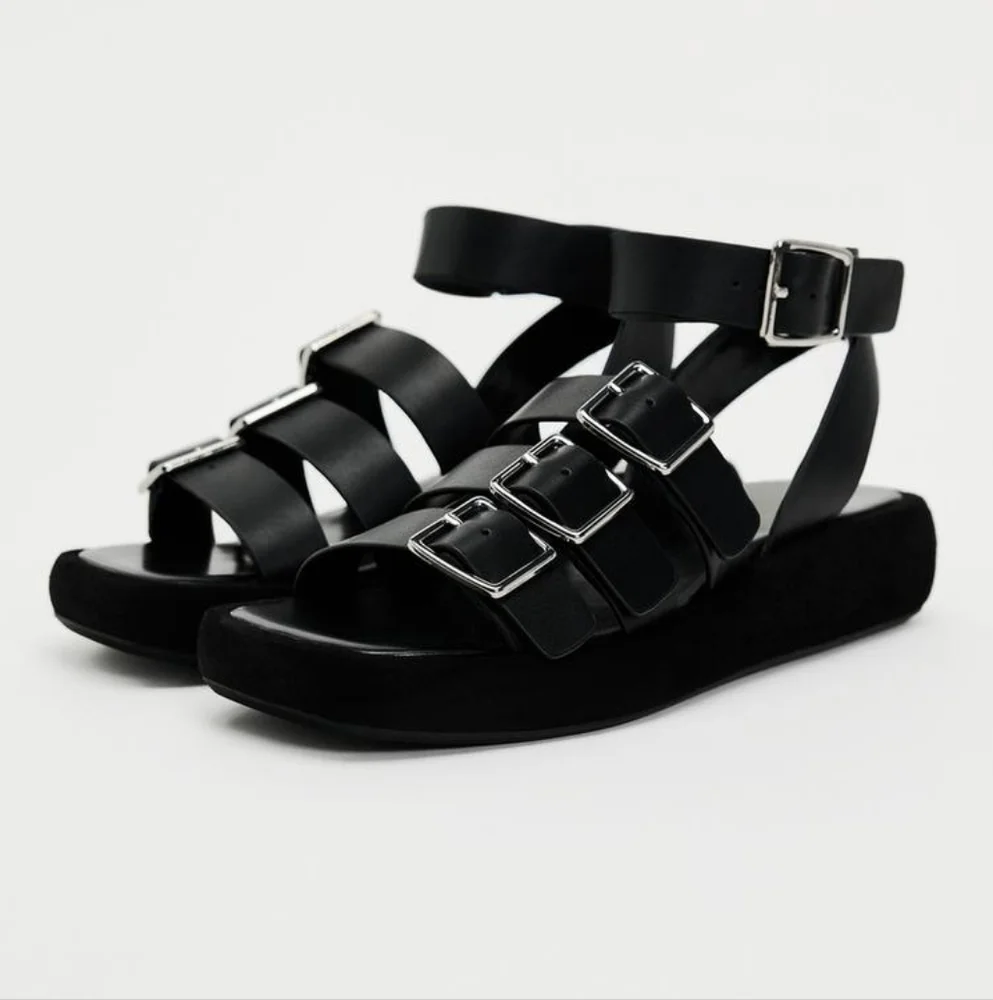 ZARA BUCKLED STRAP LEATHER PLATFORM SANDALS